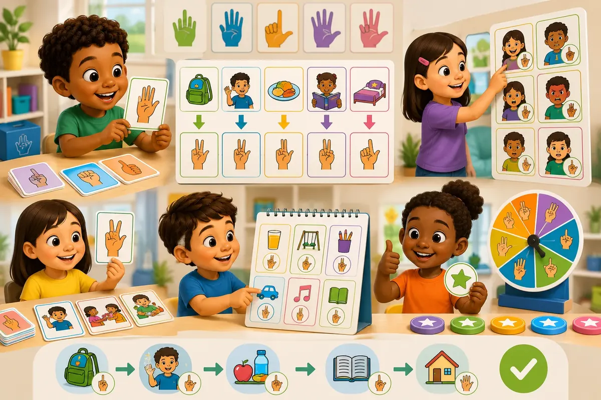 Child reading a magic book with sign language characters